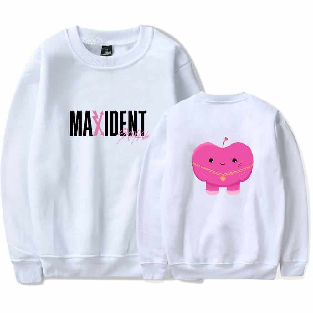 Maiden white sweatshirt with pink logo and a cute cartoon peach character on the back.