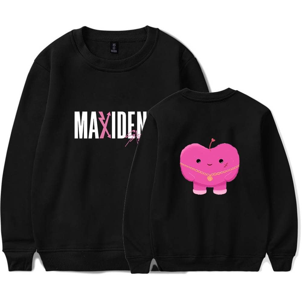 Maxiden Kpop merch sweatshirt with pink cartoon character design and logo print.