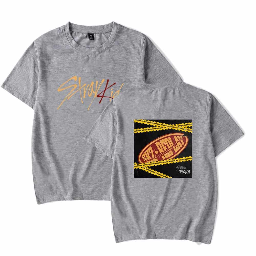 Skz4KID grey graphic T-shirt featuring colorful text and bold logo designs for Kpop fans.