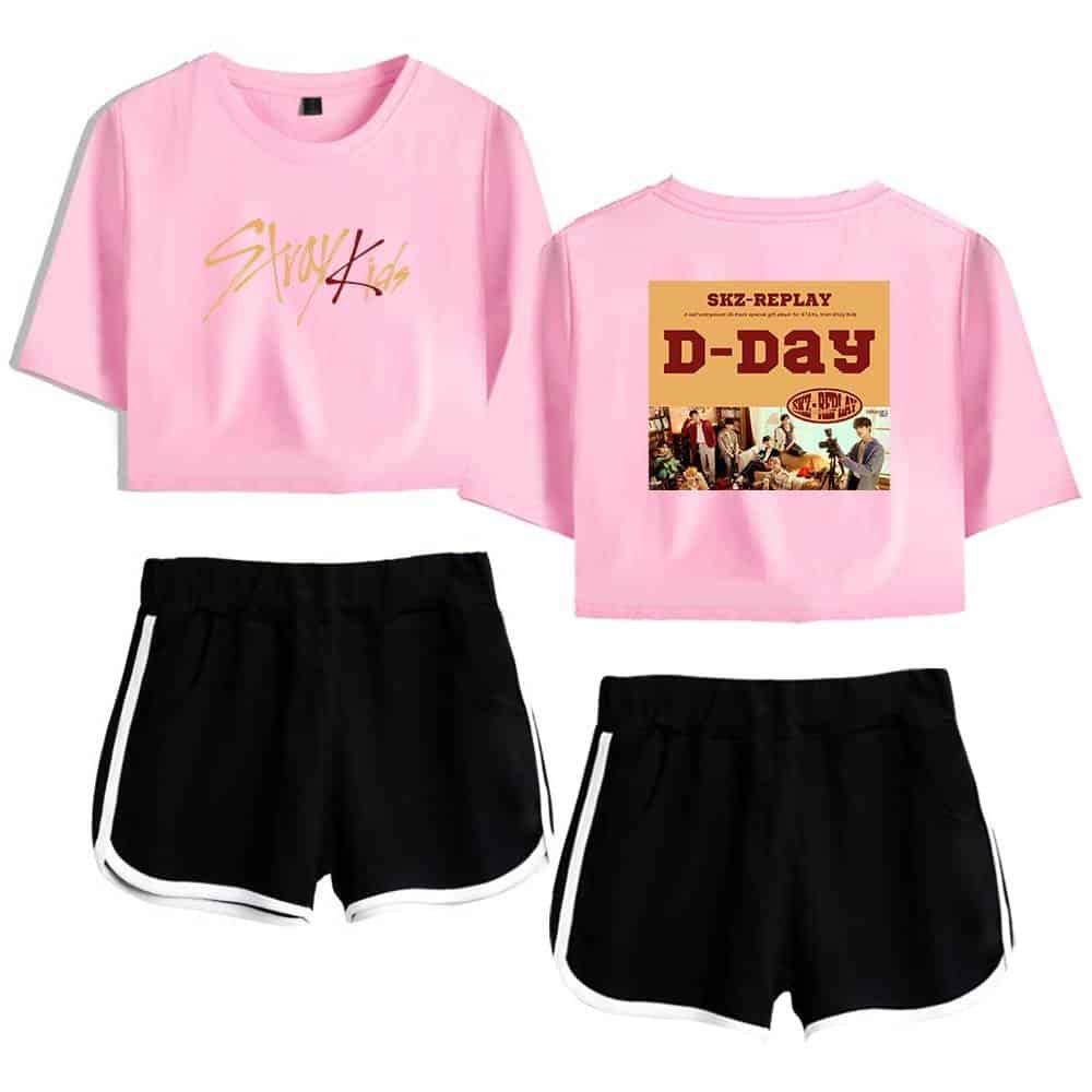 Cute pink K-pop group T-shirt set with black shorts, perfect for fans and casual wear.