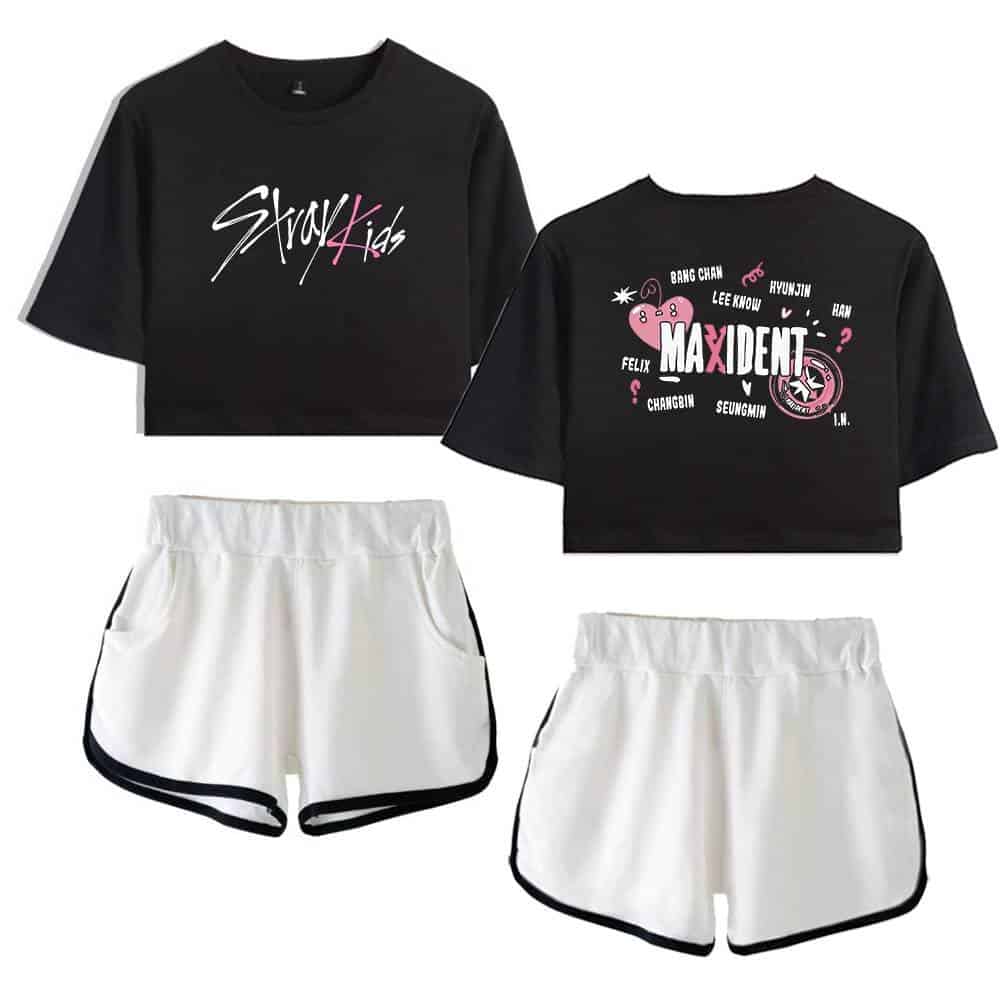 Colorful K-pop BTS ARMY logo crop top and shorts set.