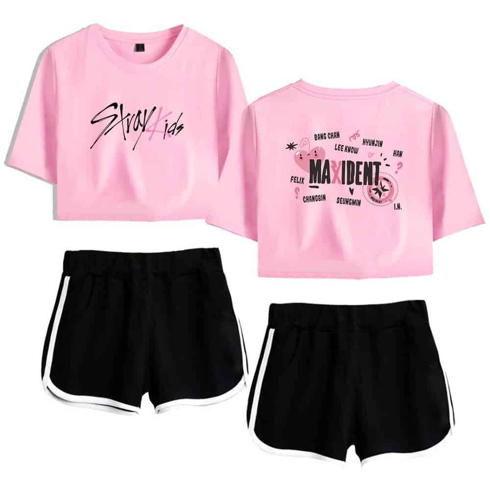 Bright pink K-pop merchandise T-shirts and shorts set for fans of idol groups.