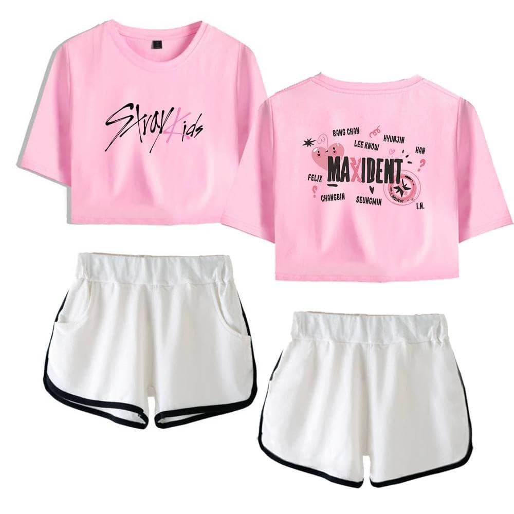 Pink K-pop fan merchandise set featuring graphic T-shirts and shorts for fans of TXT (Tomorrow X Together).
