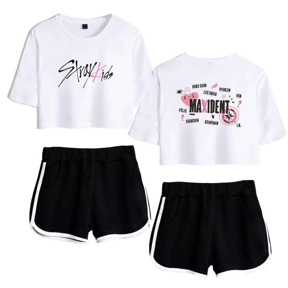 Cute K-pop merch set featuring oversized graphic t-shirts and sporty shorts for fans of girl groups. Perfect for casual wear and concert outings.