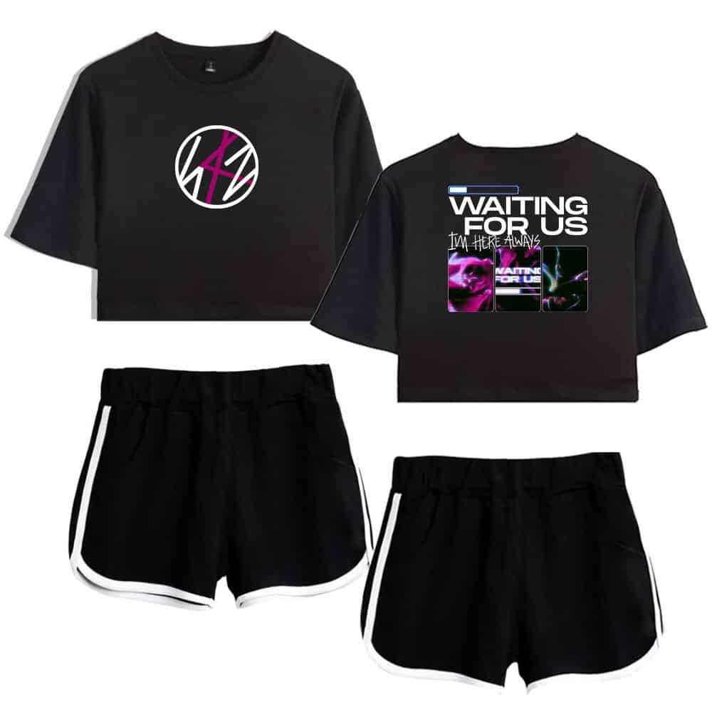 Bold K-pop merchandise set featuring trendy cropped tops and athletic shorts with vibrant graphics and text.