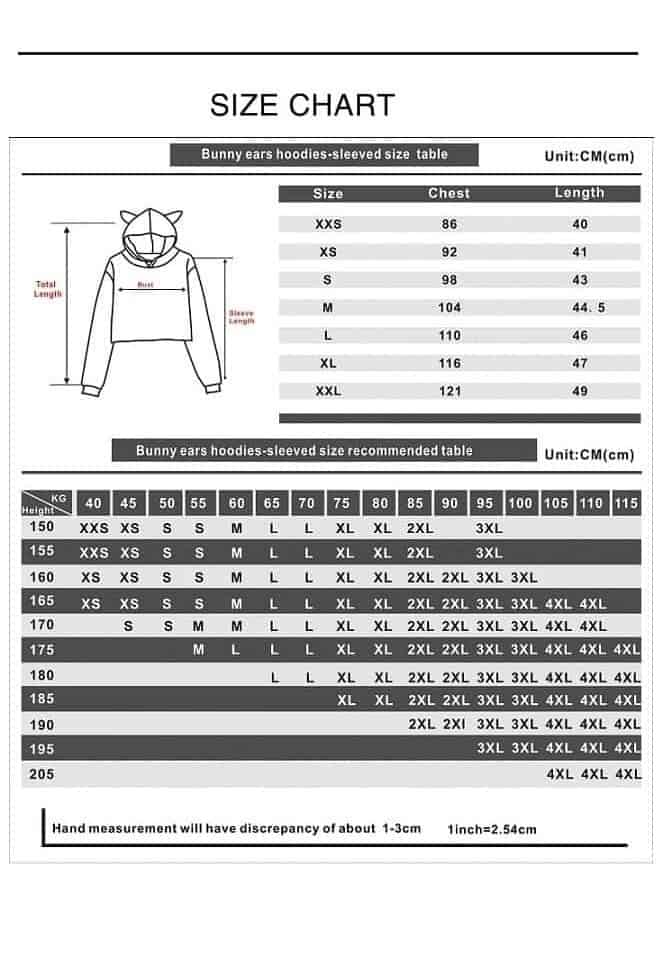 Bunny ears hoodie sweatshirt size chart, cute anime-inspired hoodie with bunny ears, perfect for kpop fans and merchandise collectors, showing measurements for various sizes with detailed fit info, unisex style.