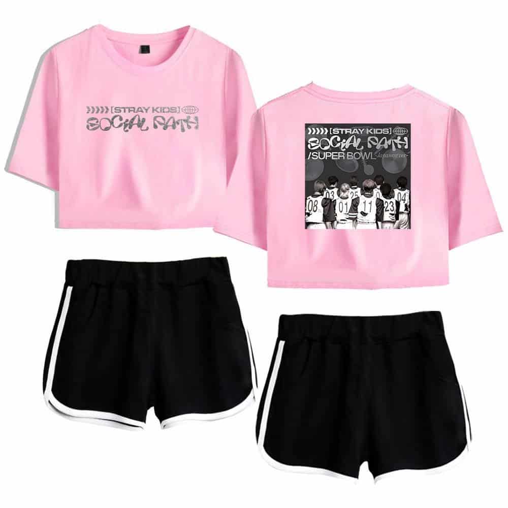 Pink K-pop social media graphic crop top t-shirt with race car design and shorts with white stripe detail, casual style for fans.