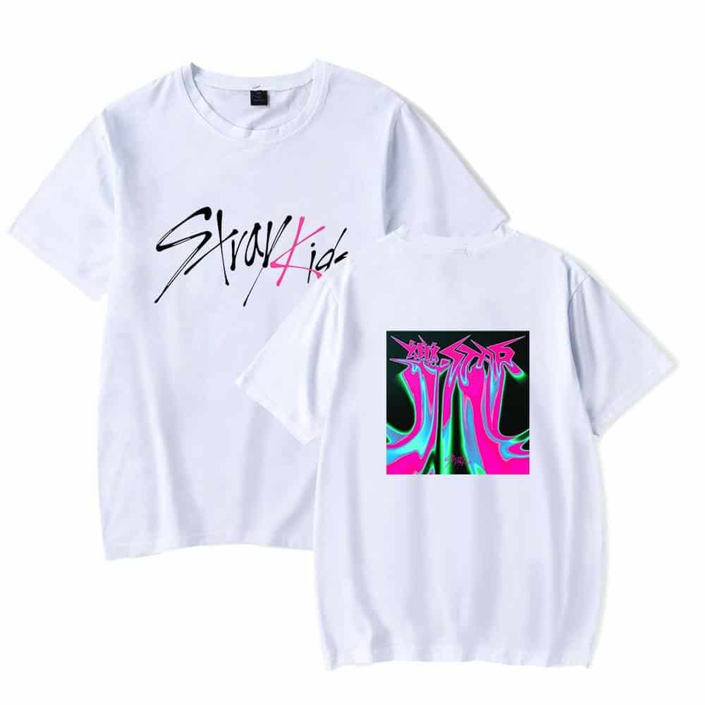 Stylish kpop merch t-shirt with graphic and slogan design.