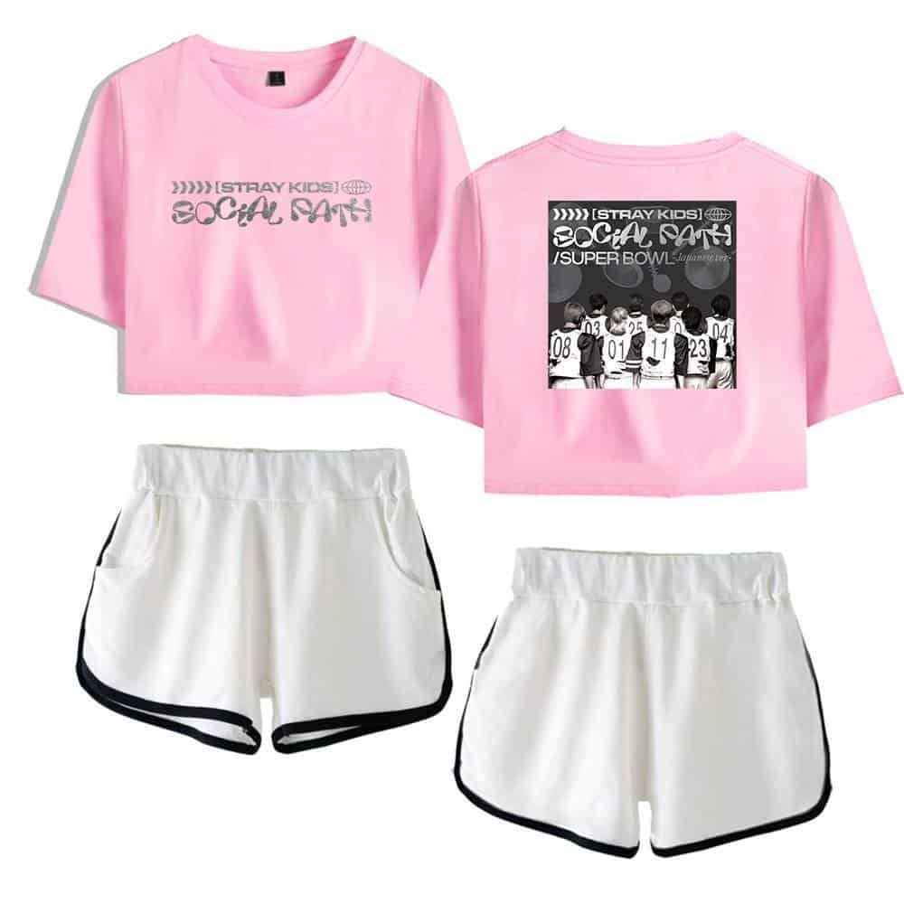 Pink K-pop group social media fan merchandise t-shirt with printed design and shorts set.