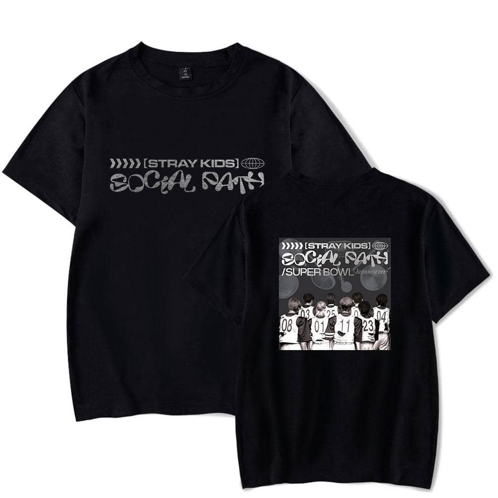 Stray kids social party t-shirt, black graphic tee with group members and event details, casual K-pop merchandise item.