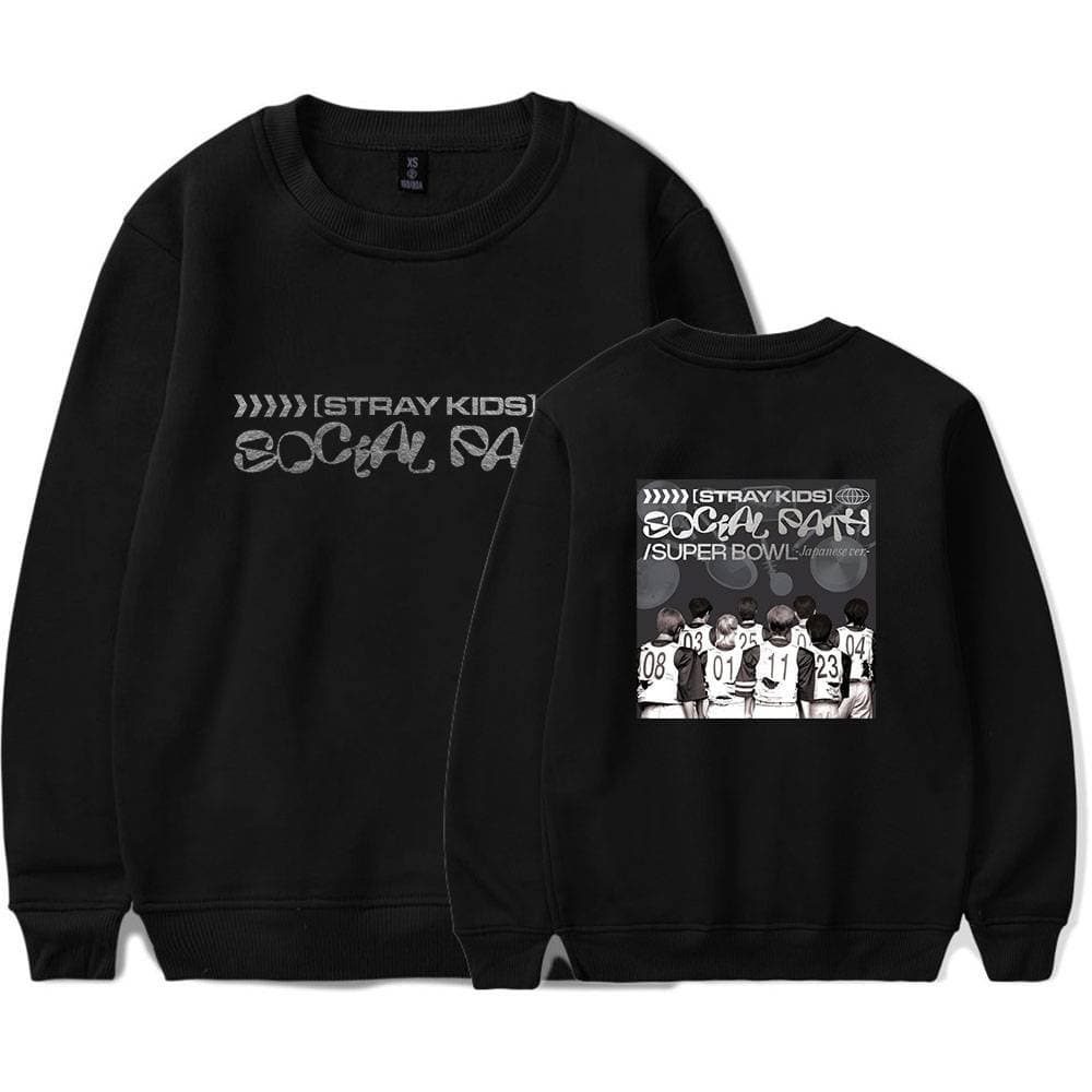 Kpop merch sweatshirt with social figure graphic and group back print.