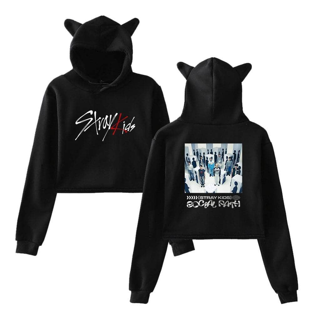Black hoodie with "Stray Kids" graphic and animal ear details, perfect for K-pop fans.