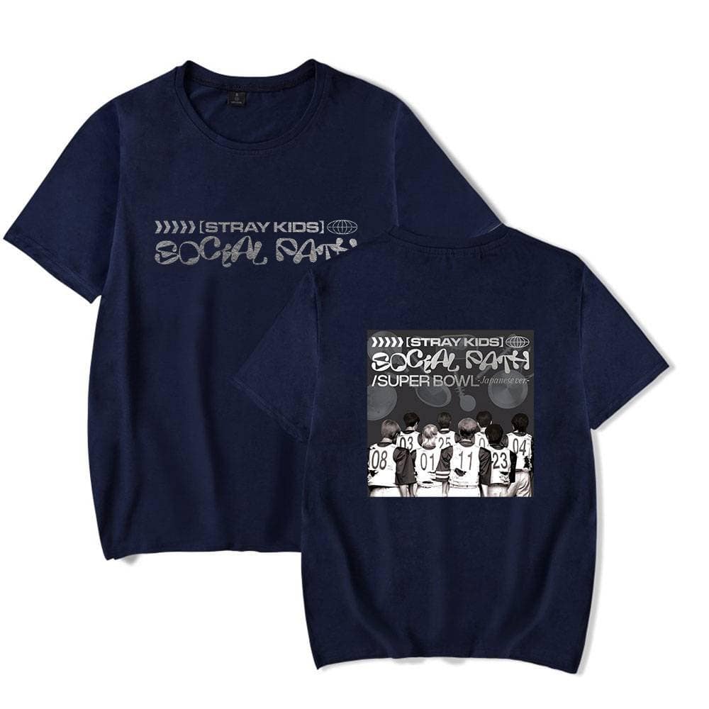 Stray Kids social fan graphic t-shirts featuring a group photo and bold design, perfect for K-pop merch fans.
