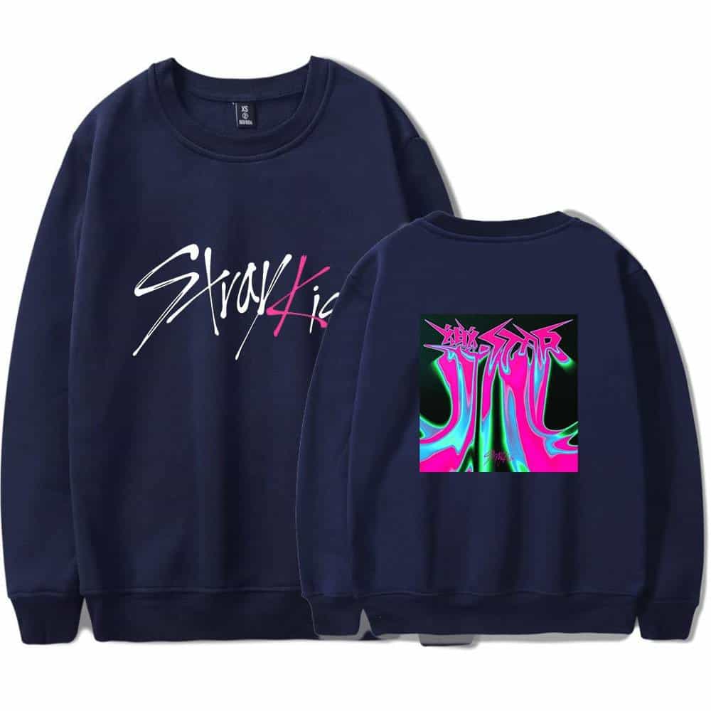 Kpop merch sweatshirt with vibrant, colorful graphic design and unique text, perfect for K-pop fans and collectors.