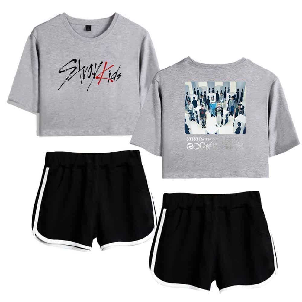 Vintage K-pop girl group Stray Kids crop top and shorts set.