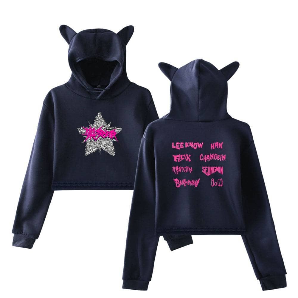 Cute black hoodie set with cat ears hood, featuring vibrant pink and silver graphic design, perfect for K-pop fans and merchandise collectors.
