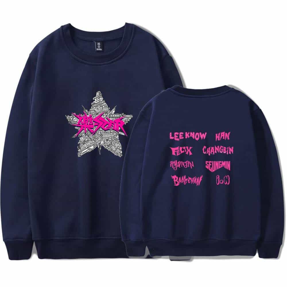 Vintage Kpop merch sweatshirt with band names and vibrant graphic design.