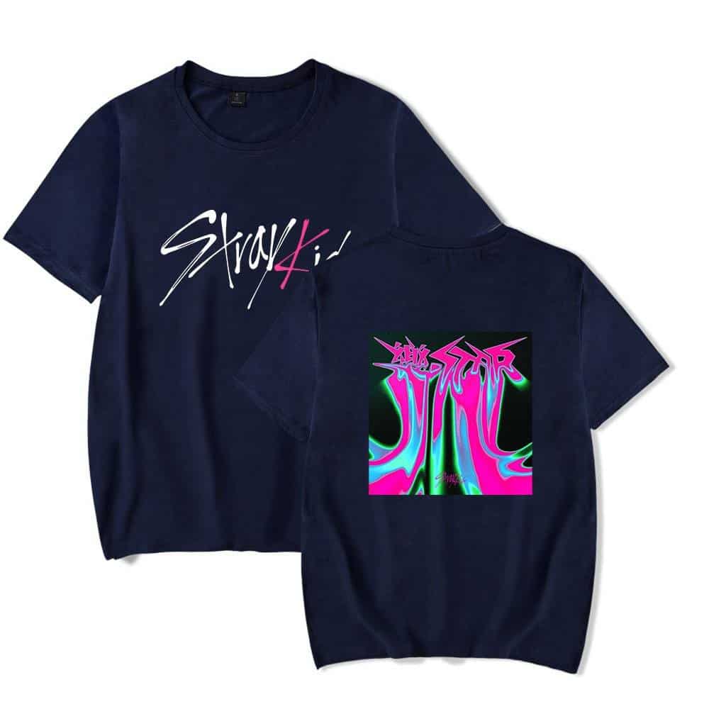 Vibrant K-pop merchandise T-shirts featuring bold graphic designs and stylized text, perfect for fans to showcase their favorite artists and add a trendy touch to their wardrobe.