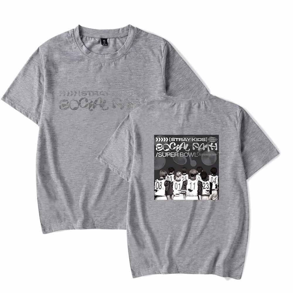 Cute gray K-pop band t-shirts featuring a playful design and graphic print.