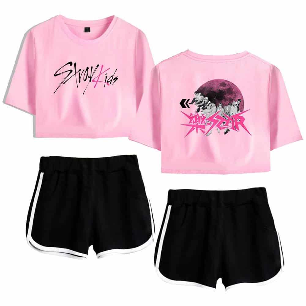 Kpop merch featuring stylish graphic t-shirts and shorts with bold designs, perfect for K-pop fans.