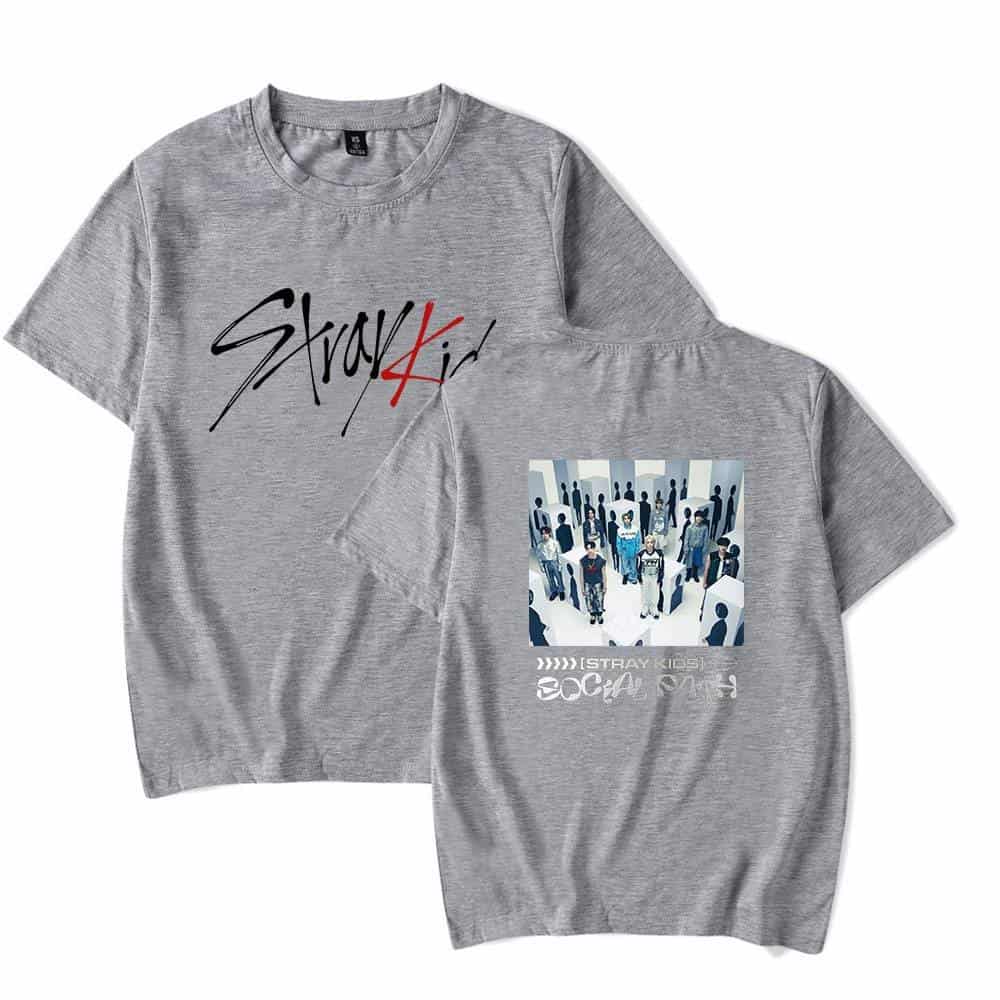 Vintage gray graphic t-shirt with "Stray Kids" and social justice print, casual streetwear style.