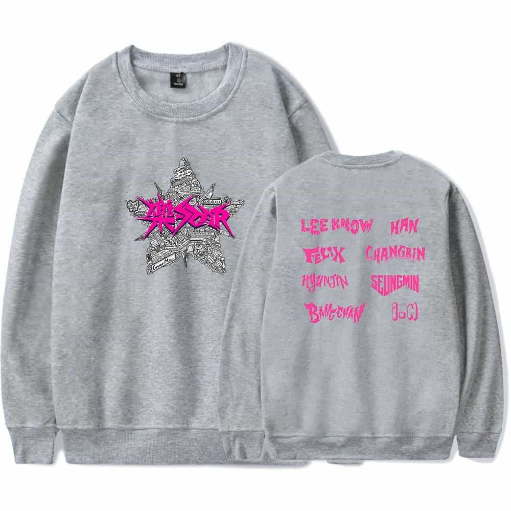 Bold graphic gray sweatshirt with pink Korean text and song lyrics, featuring K-pop merchandise style.