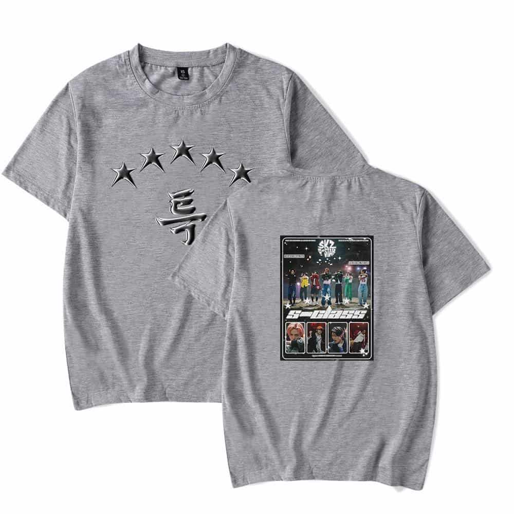 Fashionable gray K-pop merchandise T-shirts featuring star and group designs.