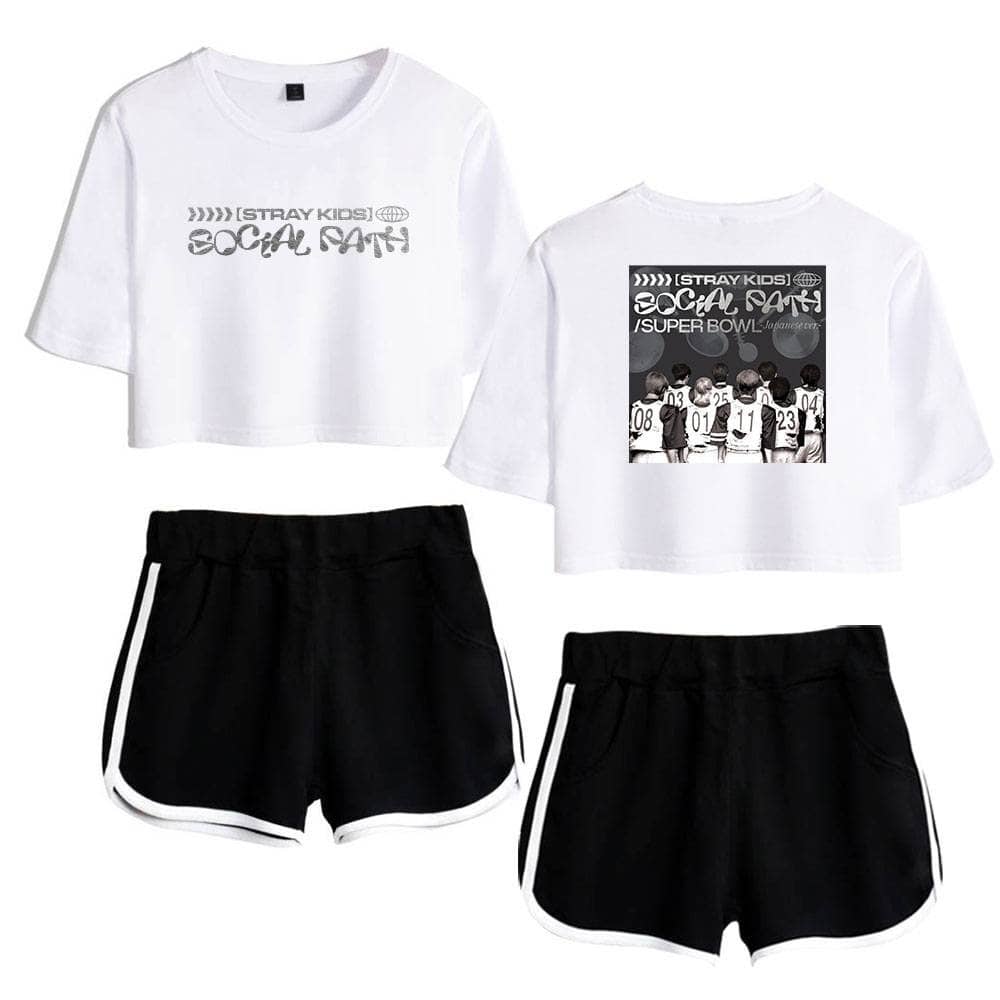 Dark blue casual crop top with printed text and graphic from stray kids.