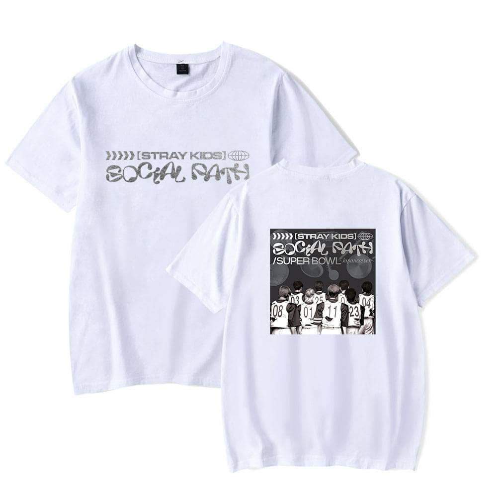 Kpop merch white graphic t-shirts featuring boy band members and social message designs.