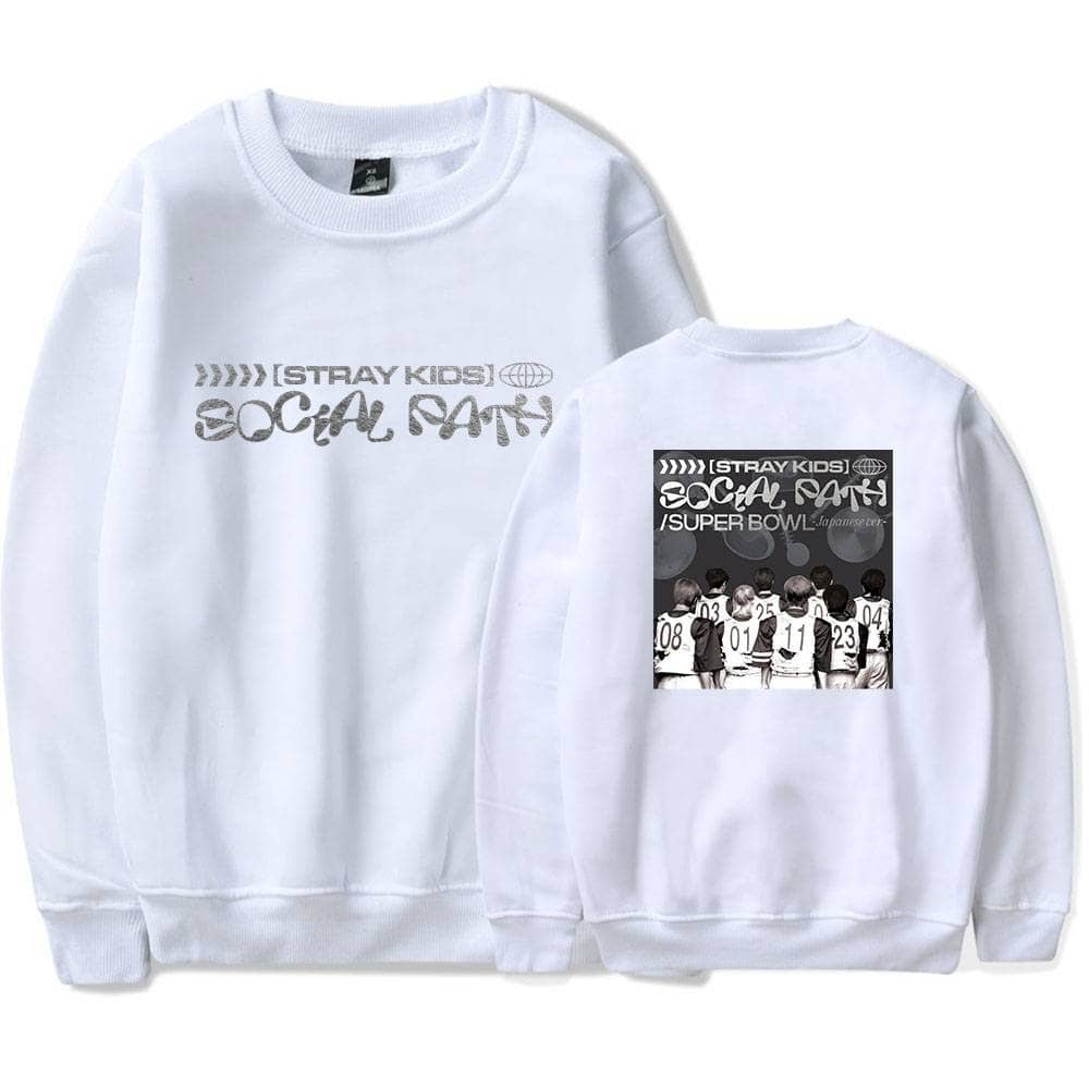White sweatshirt with "Stray Kids" and "Social Army" graphics, perfect for K-pop fans and merchandise collection.