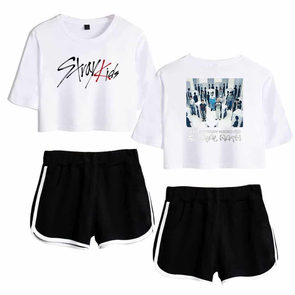 Trendy K-pop merchandise set featuring two graphic T-shirts and matching black shorts for fans.