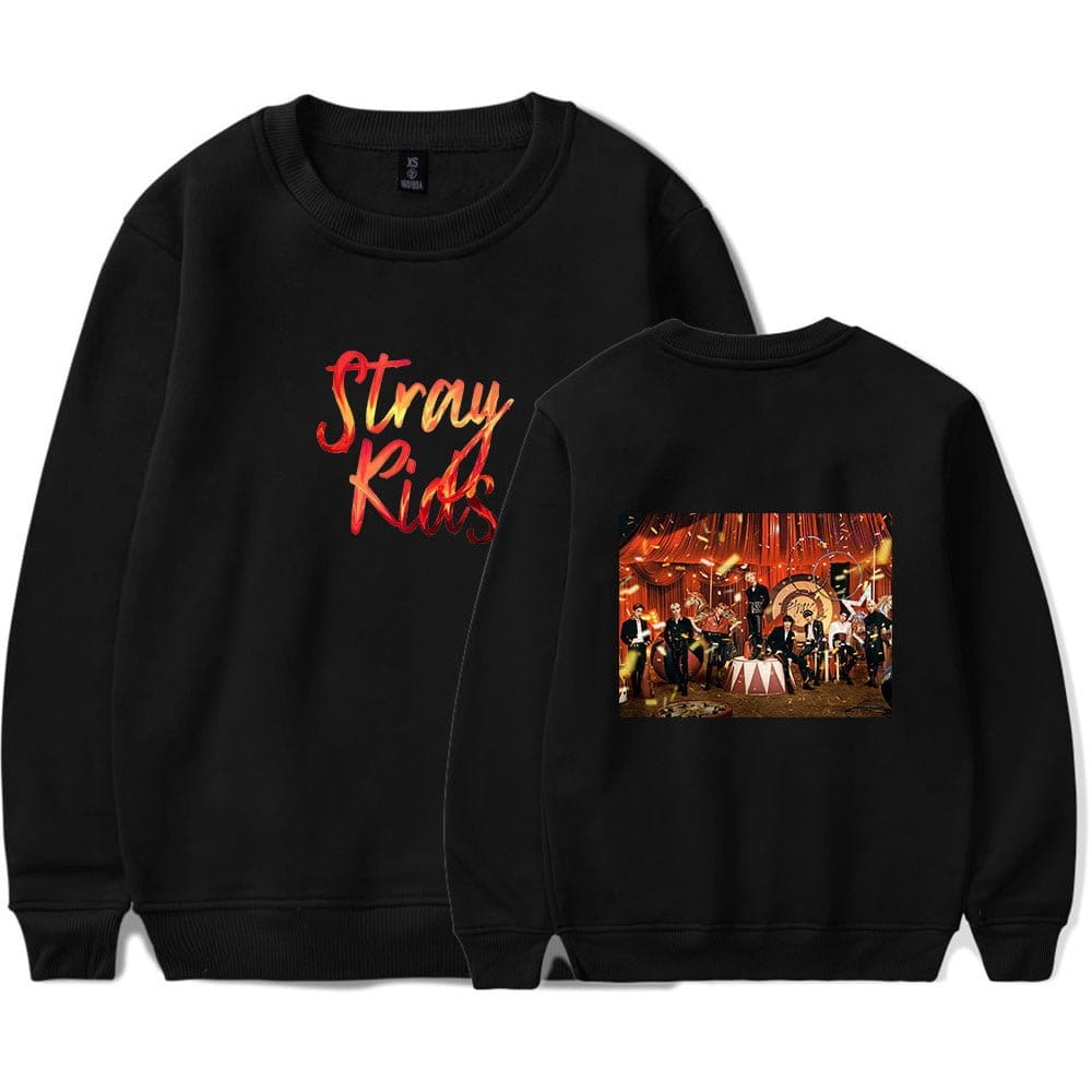 Kpop merchandise sweatshirt with a "Stray Kids" design and group photo on the back.