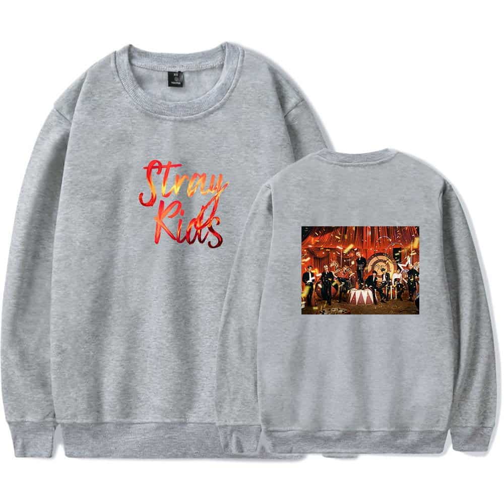 Limited edition grey sweatshirt with Stray Kids logo and concert photo print, perfect for K-pop fans.