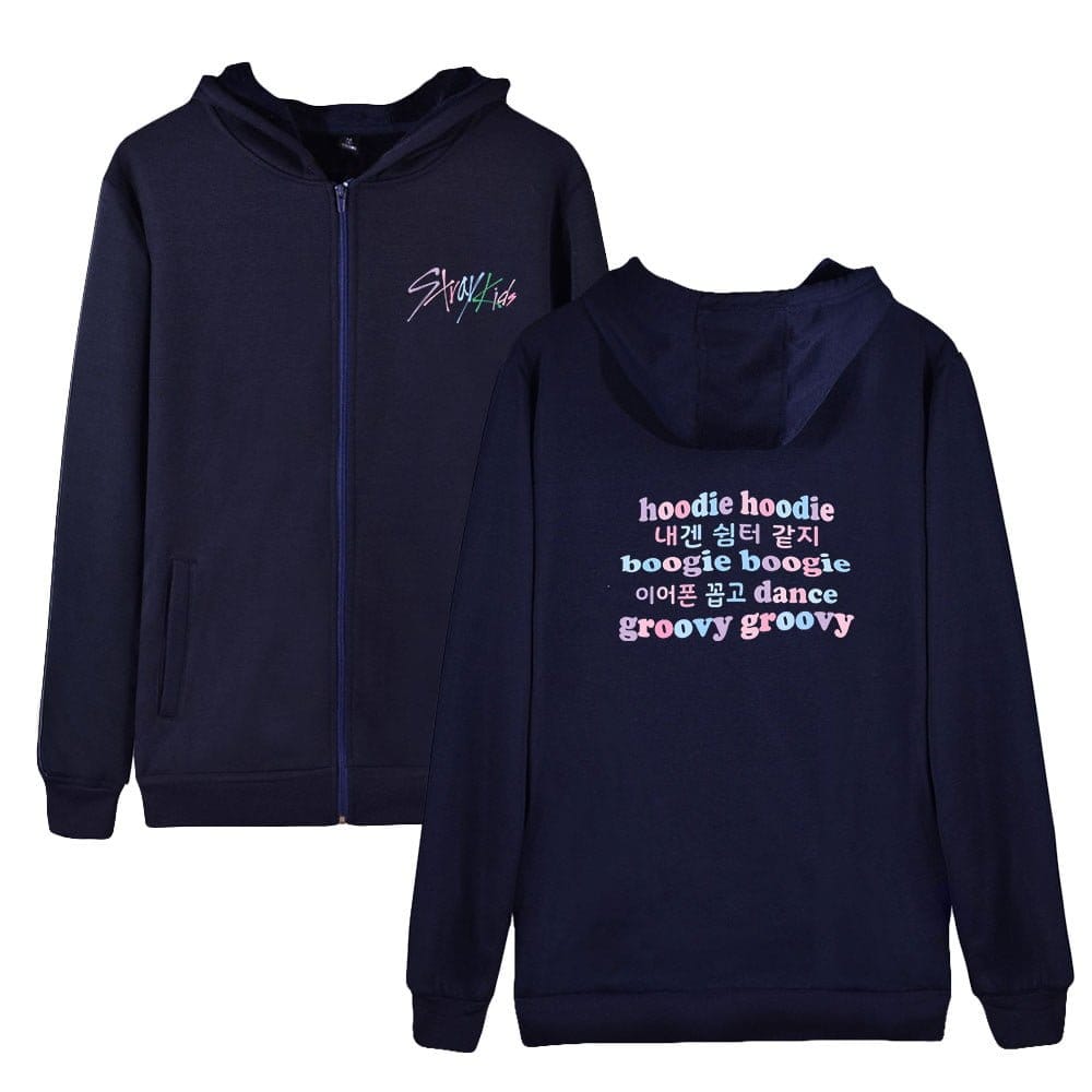 Stylish navy blue K-pop hoodies with colorful text and Korean characters, perfect for fans and casual wear.