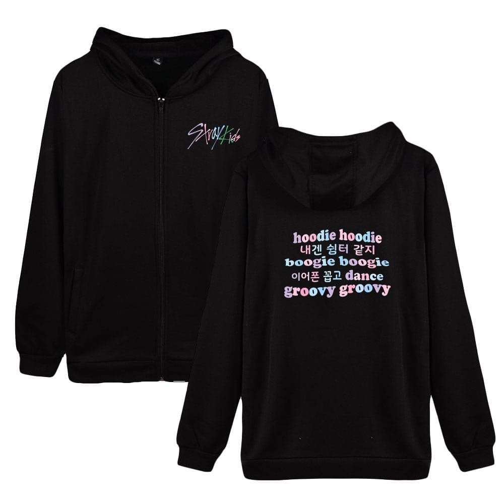 Stylish black hoodies with colorful K-pop inspired text and Korean characters, perfect for fans to show their passion for K-pop merchandise and style.