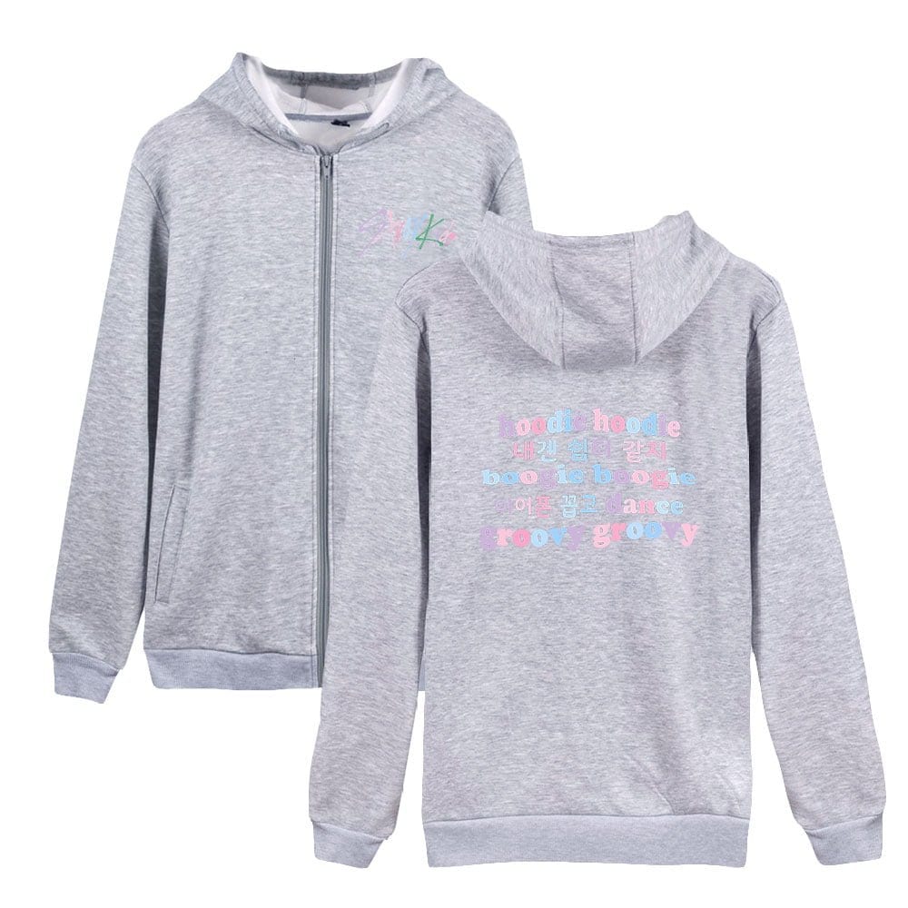 Casual gray hoodie with colorful text design, perfect for K-pop fans, lightweight and comfortable.