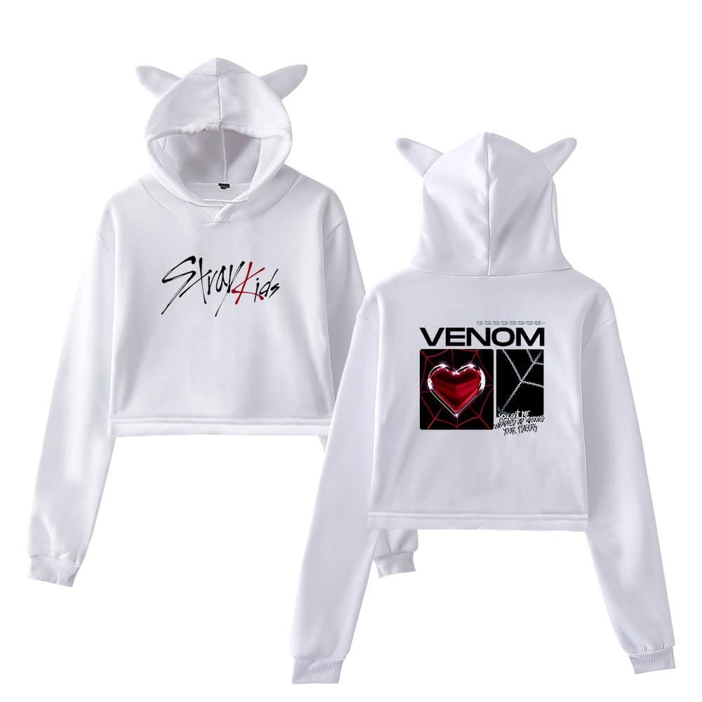Cute white hoodie with animal ears, featuring "Stray Kids" and "VENOM" themed graphics, perfect for K-pop enthusiasts and fans of trendy merchandise.