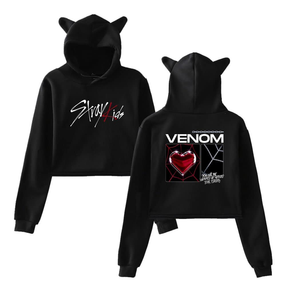 Kpop merch hoodie with cartoon cat ears and graphic prints.