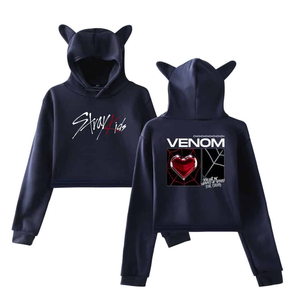 Dark blue hooded sweatshirt with "Stray Kid" text and cat ear details for kpop merch.