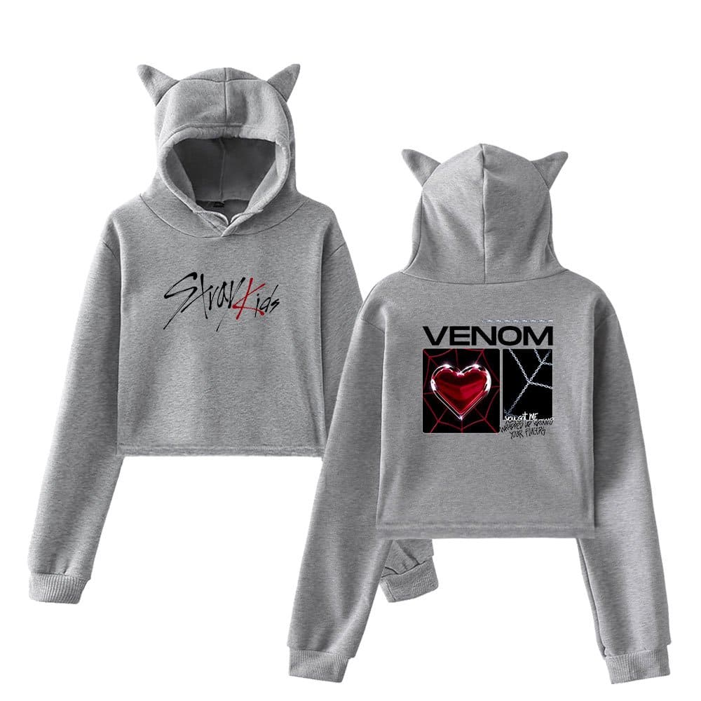 Cute gray hooded sweatshirt with cat ears, featuring "Stay 4 Kids" text on the front and "Venom" graphic with a neon heart design on the back, perfect for K-pop fans.