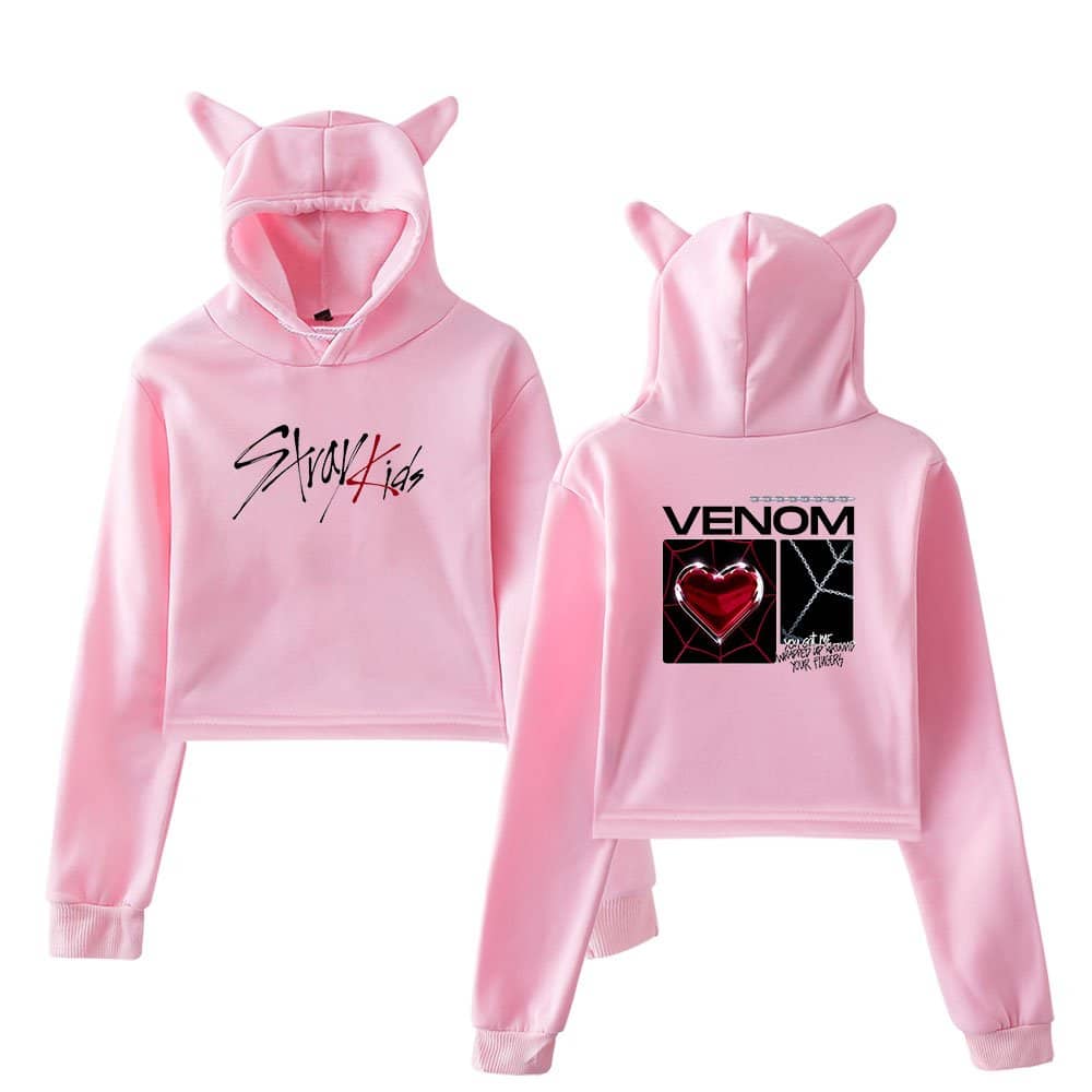 Cute pink hoodie set with "Stray Kids" and "Venom" graphic designs, featuring a hoodie with cat ears, ideal for K-pop fans and trendy streetwear enthusiasts.